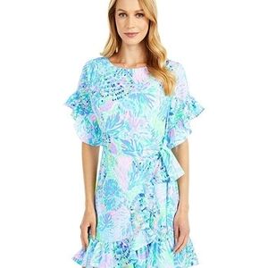 Floral Ruffle Dress in Blue and Pink